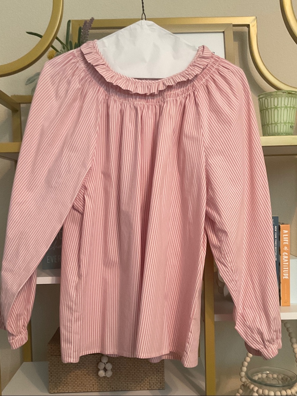 J. Crew Pink and White Striped Ruffle Neck Top